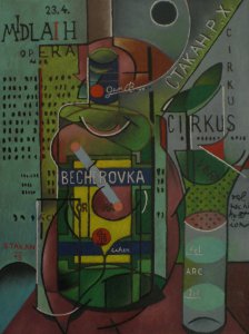 Zátiší s Becherovkou a plakáty